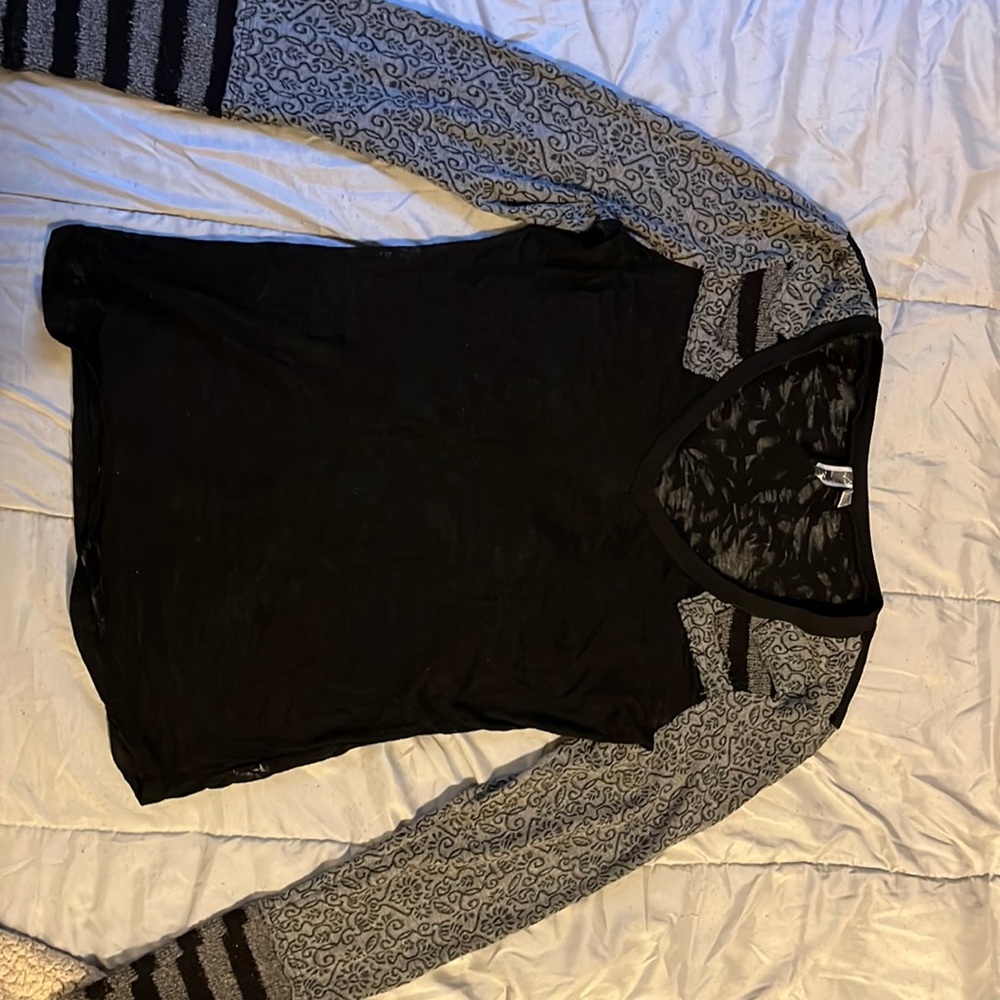 Size Large, sheer black shirt with gray sleeves. Brand is BKE